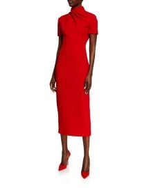 Brandon Maxwell Crepe Funnel-Neck Midi Dress at Neiman Marcus